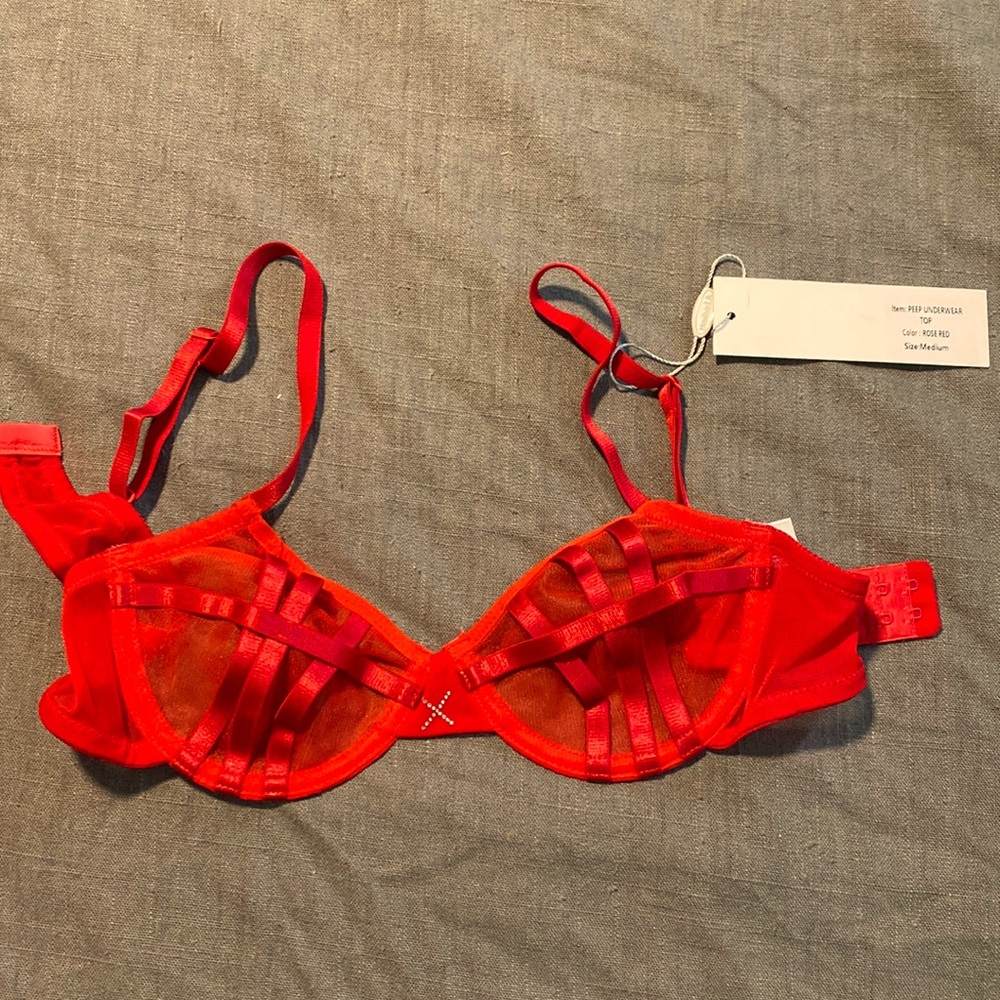 Red Mesh Peep Bralette and Thong Set